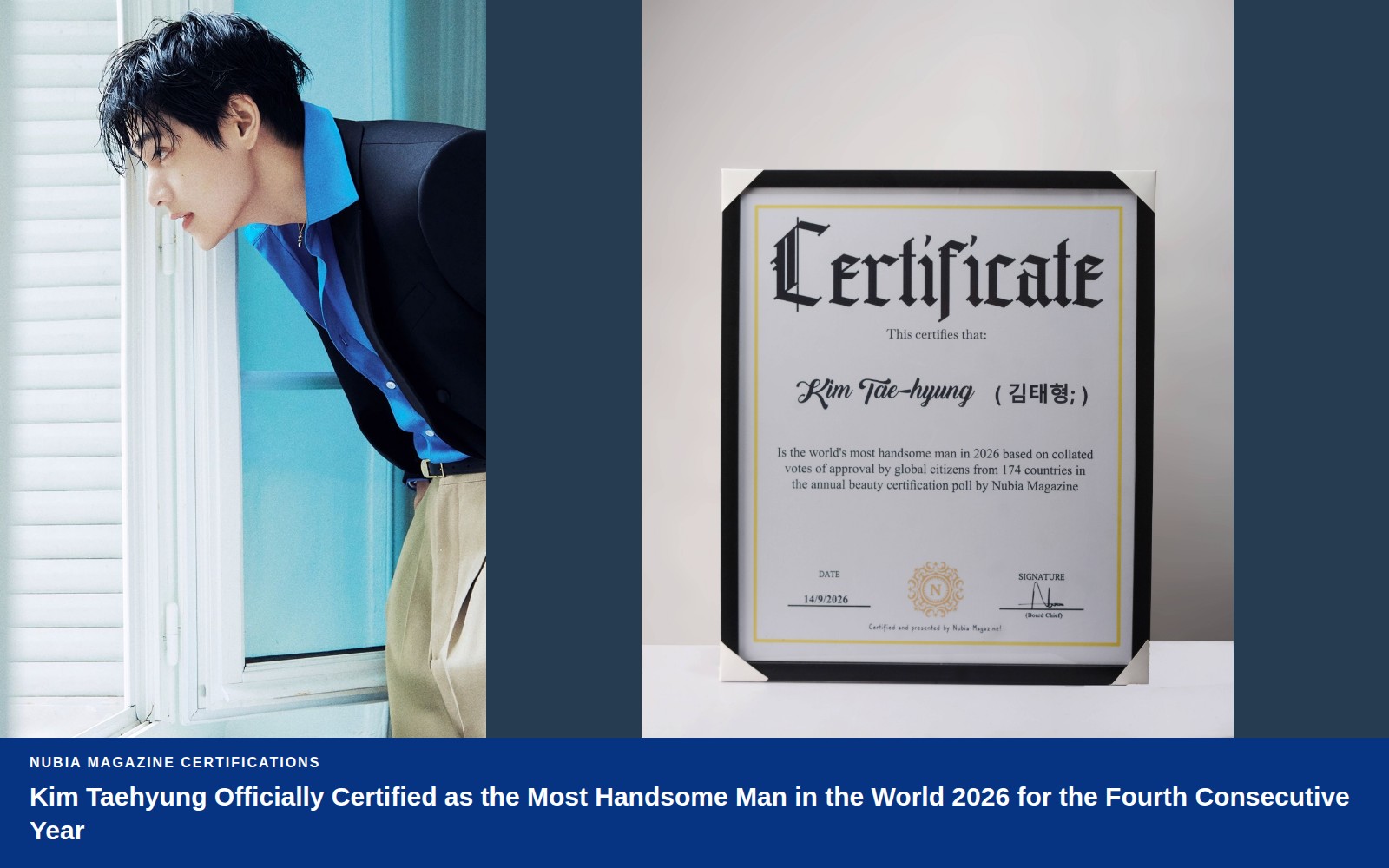 Kim Taehyung Officially Certified as the Most Handsome Man in the World 2026 for the Fourth Consecutive Year
