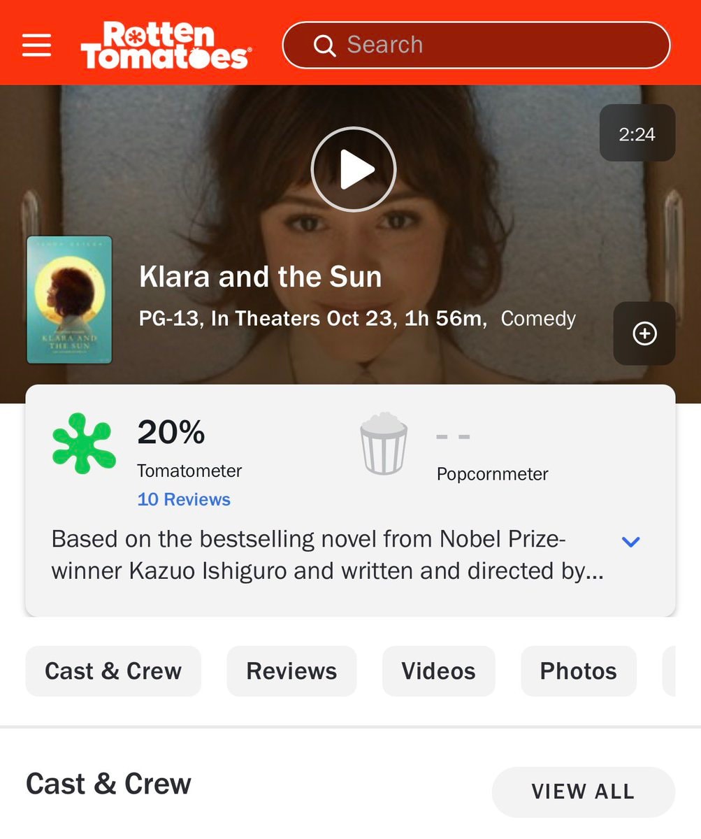 Klara and the Sun Rotten Tomatoes score Klara and the Sun Rotten Tomatoes score