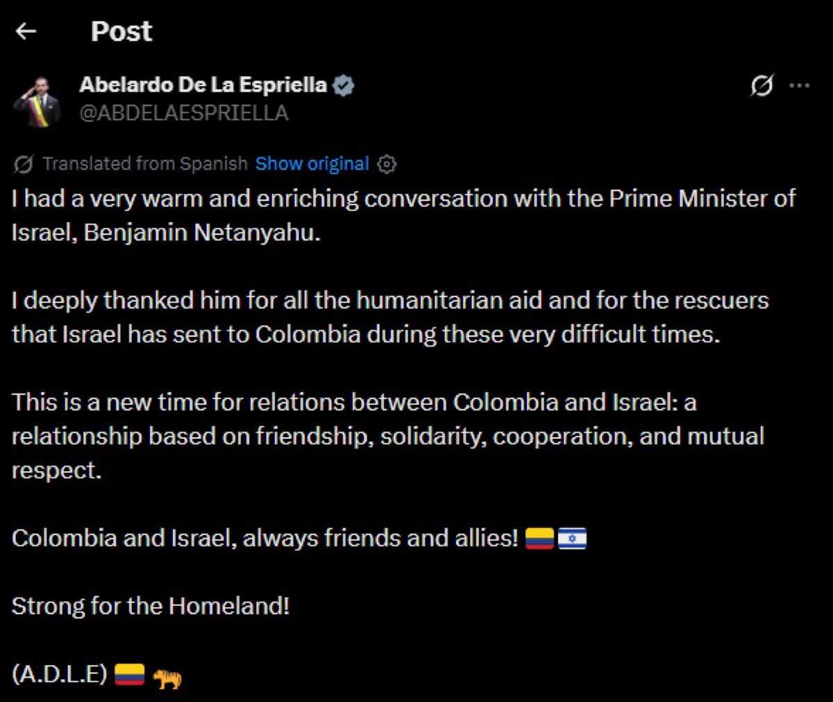 Abelardo de la Espriella thanks Benjamin Netanyahu Abelardo de la Espriella thanks Benjamin Netanyahu