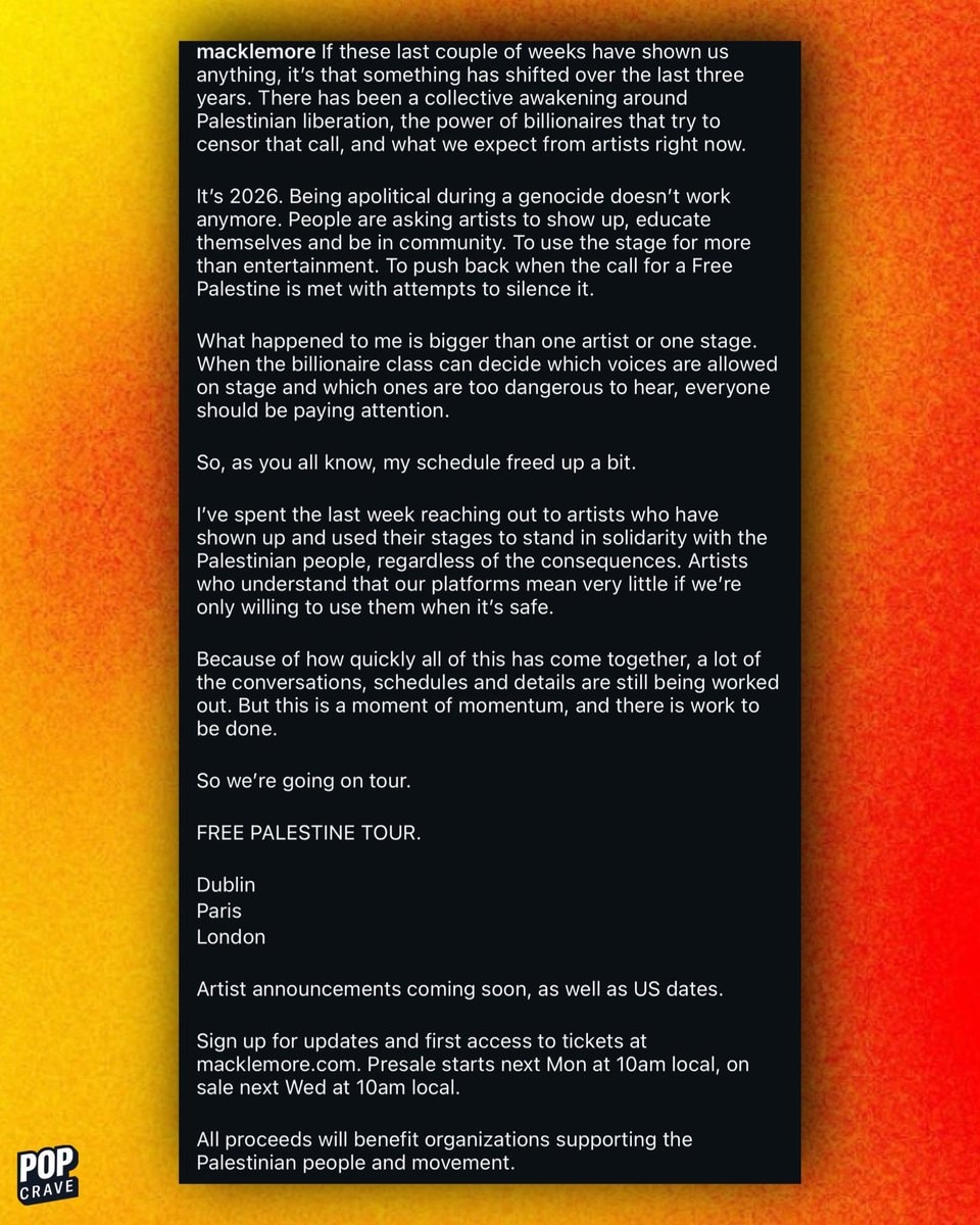 Macklemore Free Palestine tour announcement (photo 3 of 3)