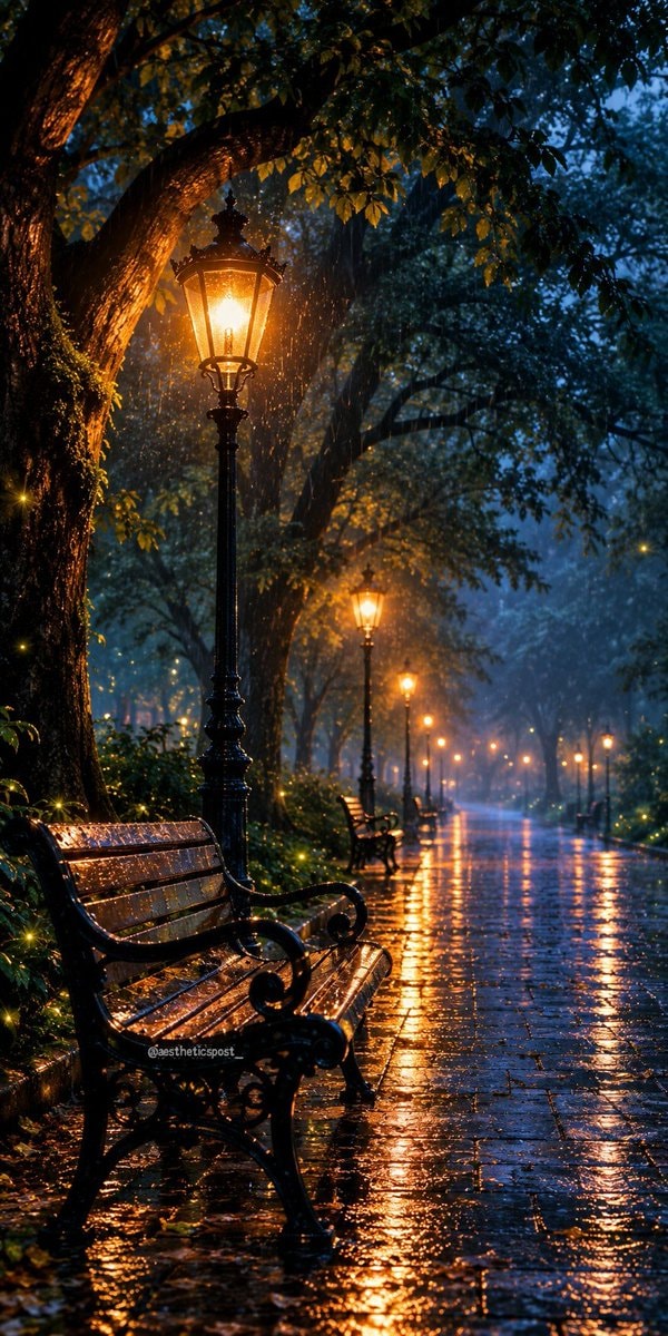 park scene rainy night