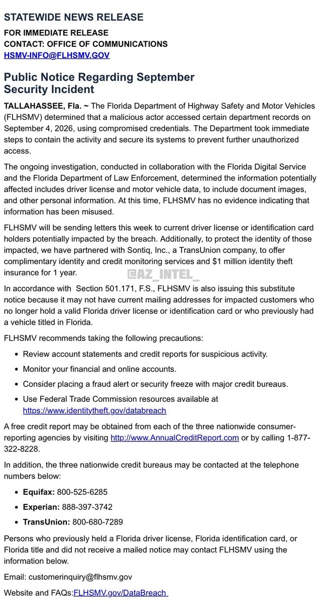 Florida DMV Security Incident September