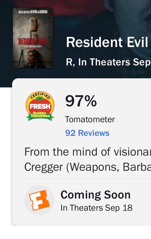 Resident Evil 97% on Rotten Tomatoes (photo 2 of 2)