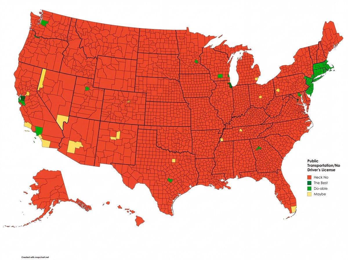 US counties livable without a driver's license