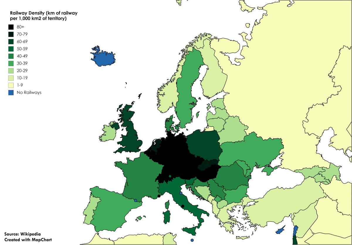 Europe railway density map Europe railway density map