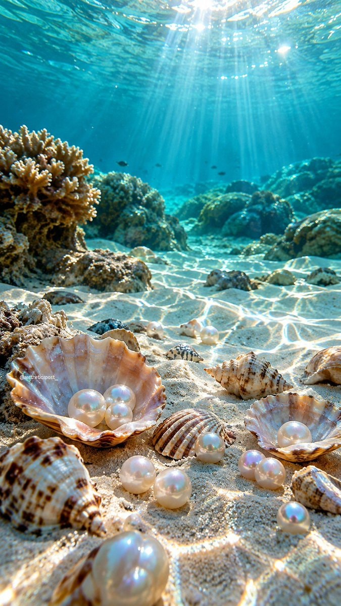 pearls in seashells on sandy seabed