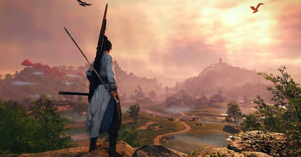 Lone warrior in East Asian attire overlooking misty valley