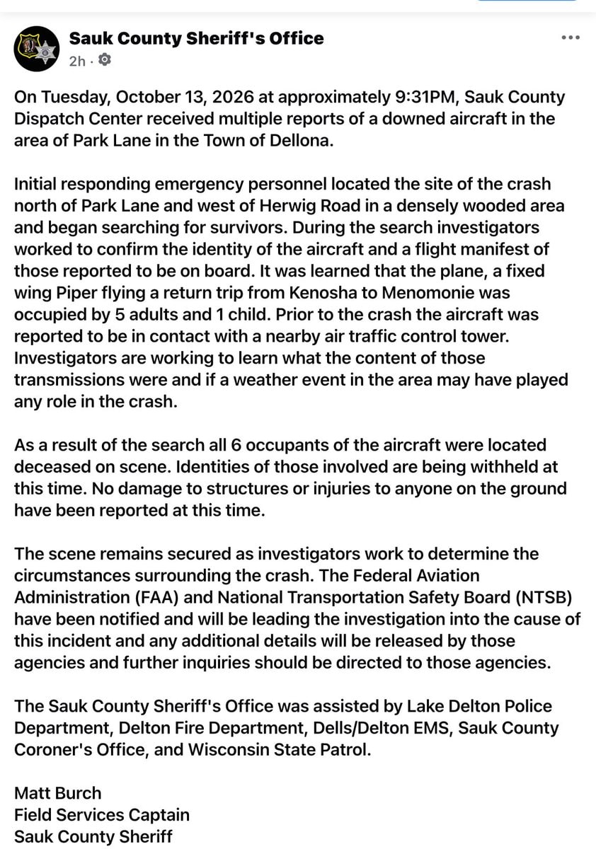 Dellona Wisconsin plane crash
