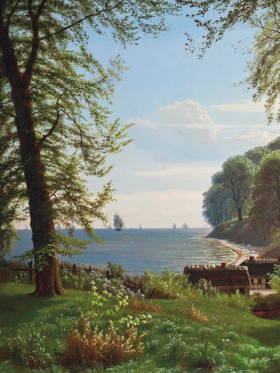 coastal painting with sailboats and cottages