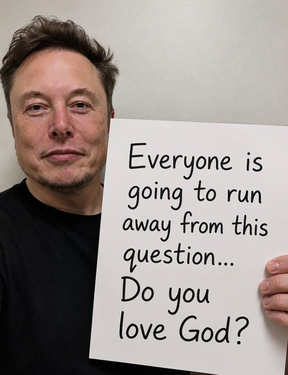 Elon Musk holds sign asking yes or no