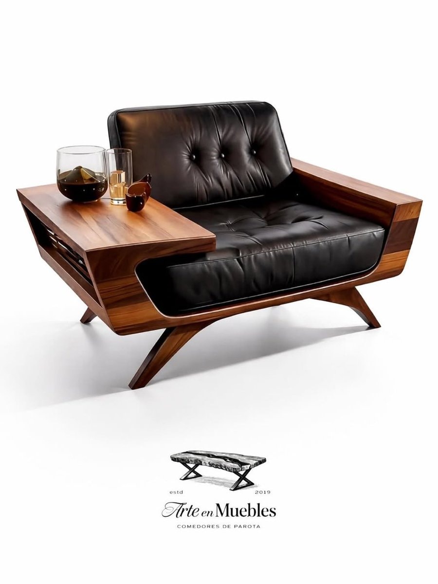 Tufted black leather armchair with side table Tufted black leather armchair with side table