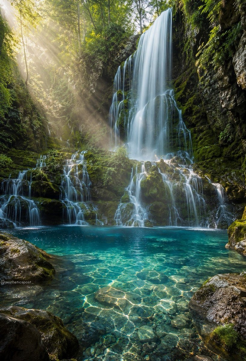 waterfall in turquoise pool