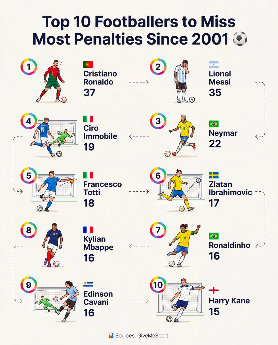 Top 10 Footballers to Miss Most Penalties Since 2001