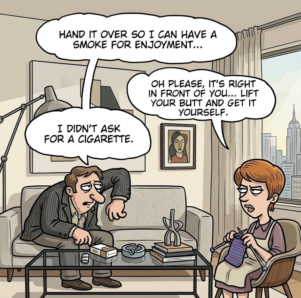 Cartoon couple cigarette standoff