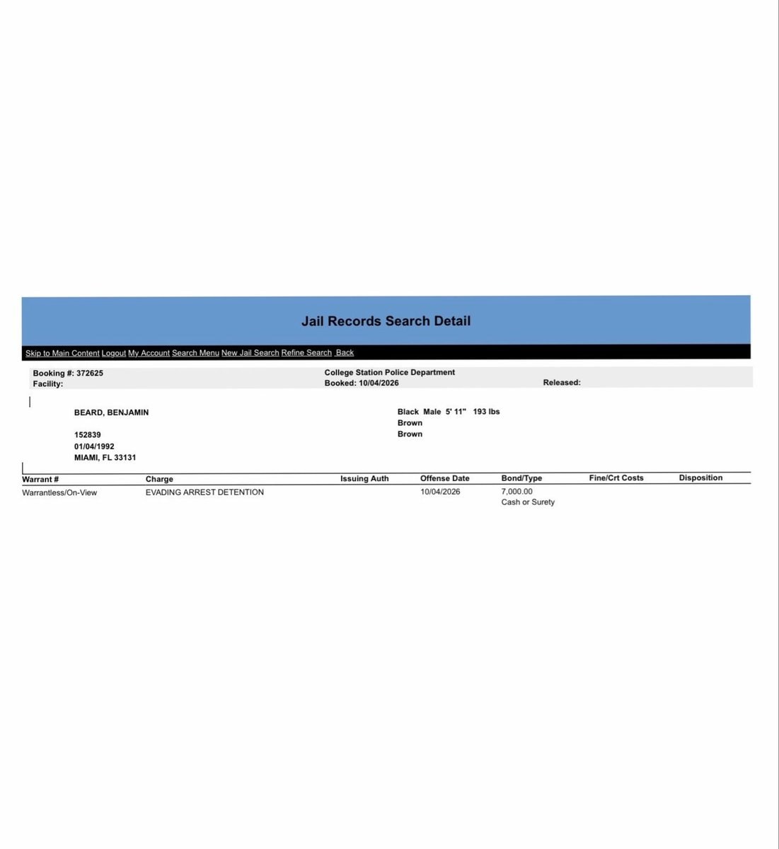 BenDaDonnn mugshot after Texas A&M arrest (photo 2 of 2) BenDaDonnn mugshot after Texas A&M arrest (photo 2 of 2)