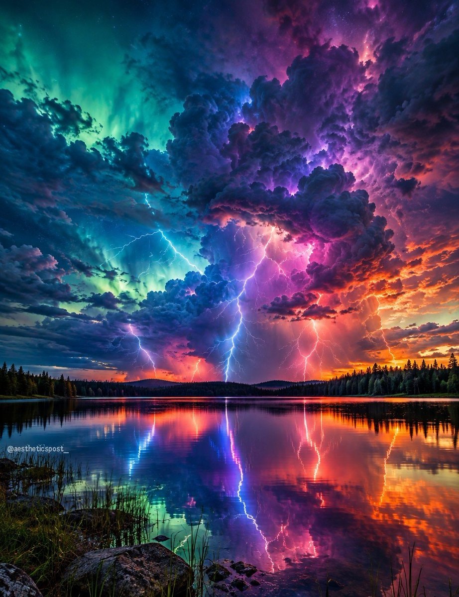 thunderstorm lightning lake reflection