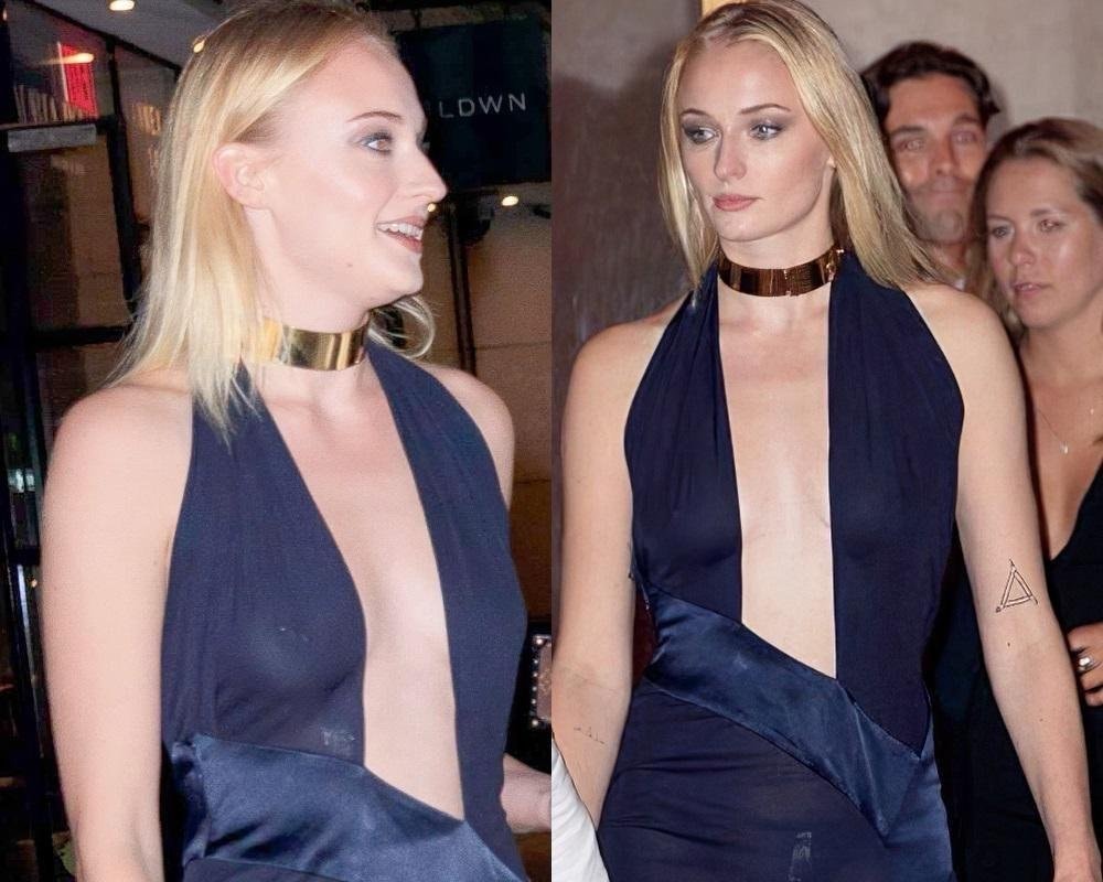 Sophie Turner navy blue dress
