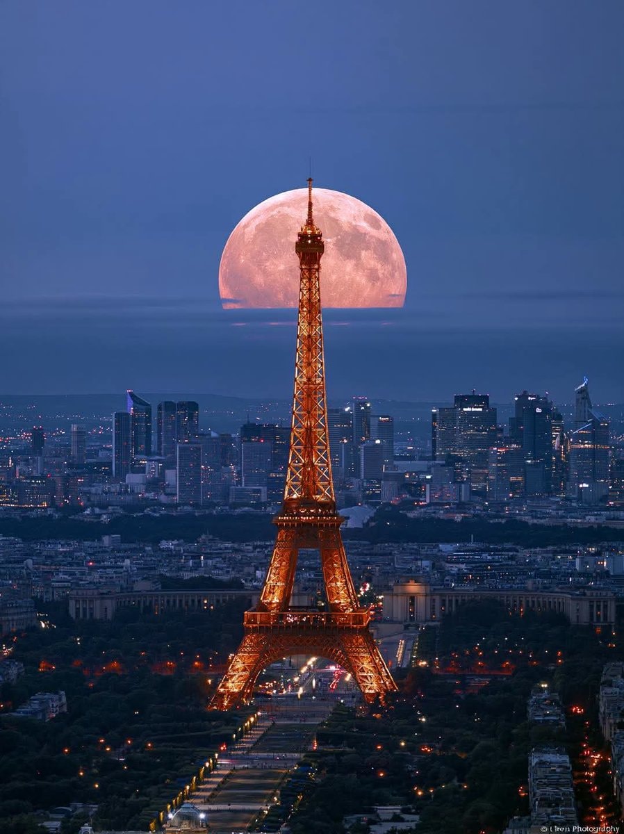 Eiffel Tower and pink moon Paris