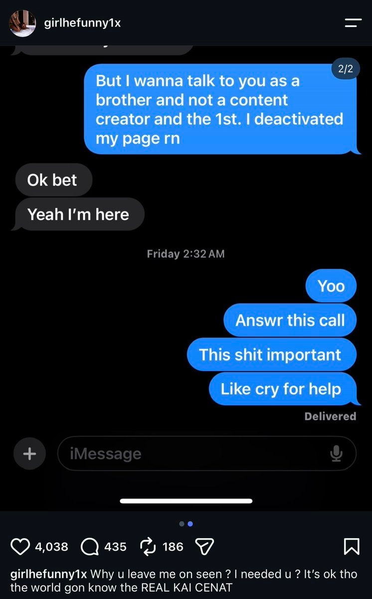 Kai Cenat texts with girlhefunny1x shared (photo 2 of 2)