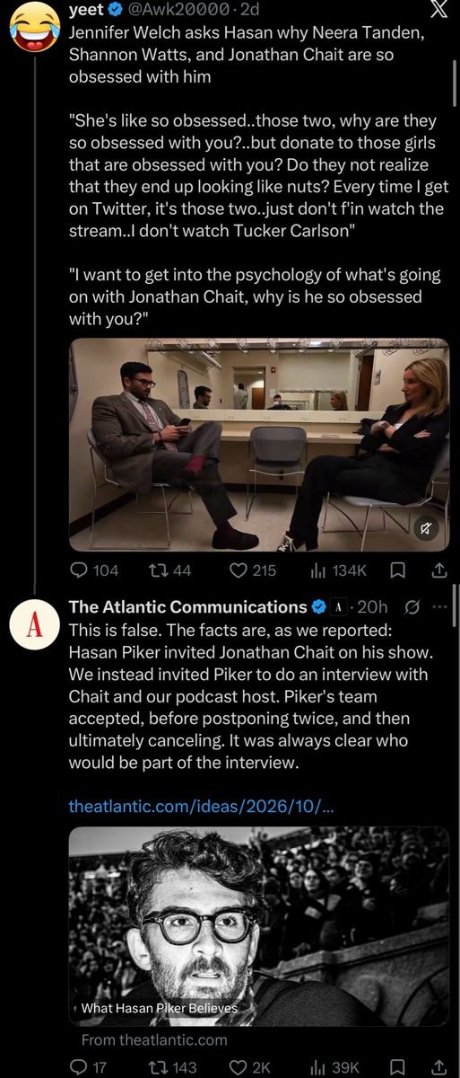 Atlantic clarification on Hasan and Jonathan Chait Atlantic clarification on Hasan and Jonathan Chait