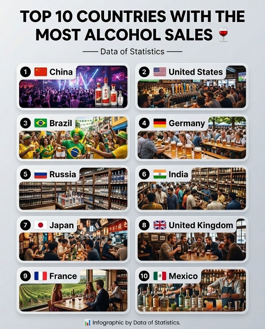 Top 10 countries alcohol sales Data of Statistics