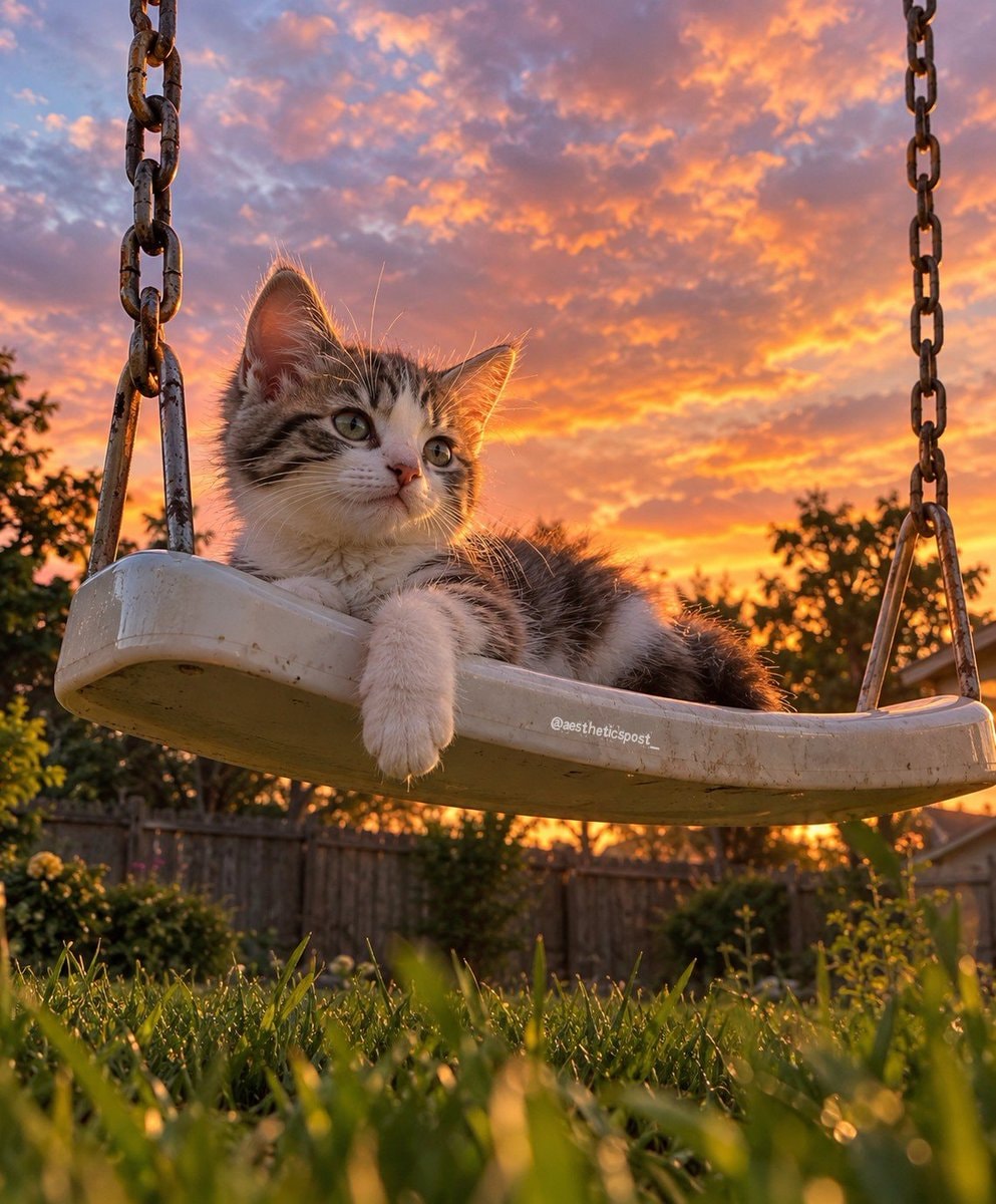 kitten on swing at sunset