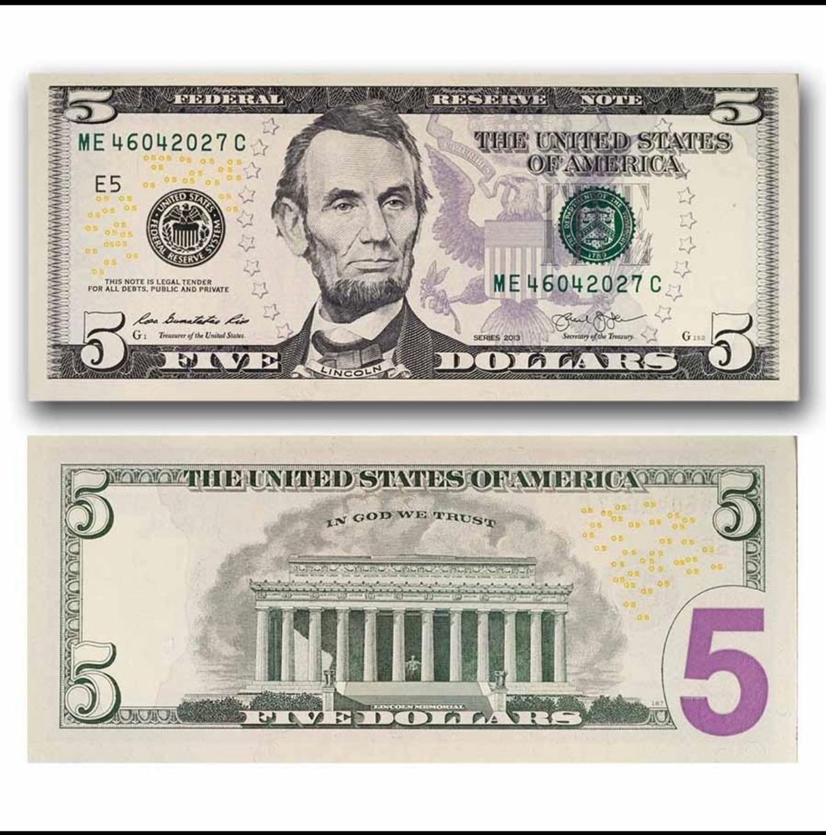 Lincoln Memorial five-dollar bill