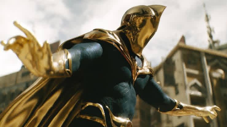 superhero in golden helmet and cape