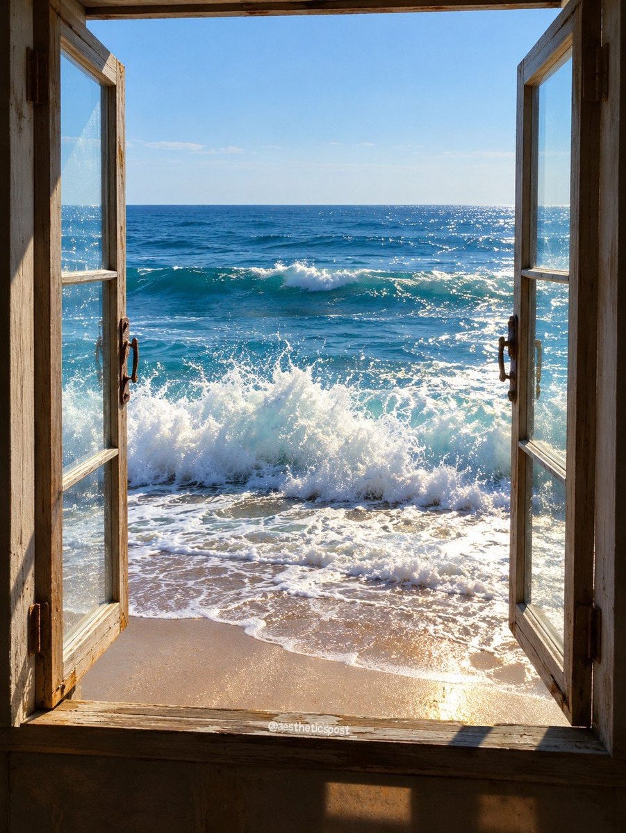 serene beach scene through window