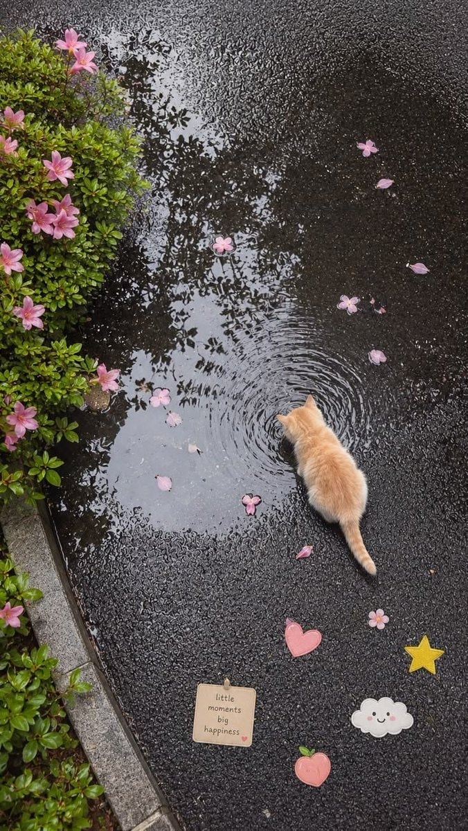 orange kitten drinking from puddle