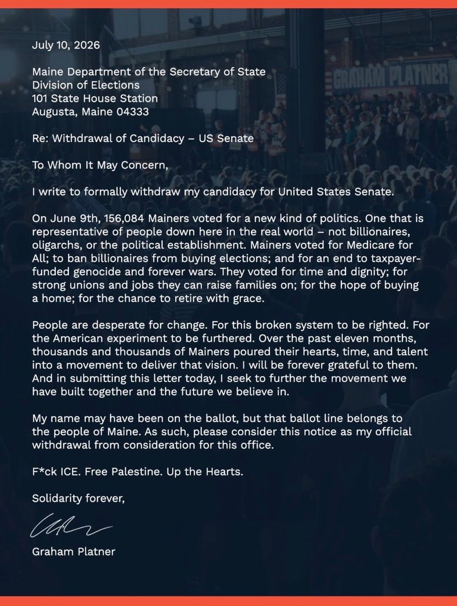 Graham Platner withdrawal letter Maine Senate (photo 1 of 2)