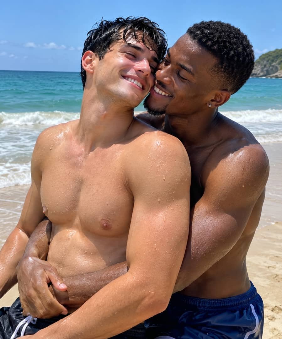 Two men embracing on the beach ❤️🏳️‍🌈