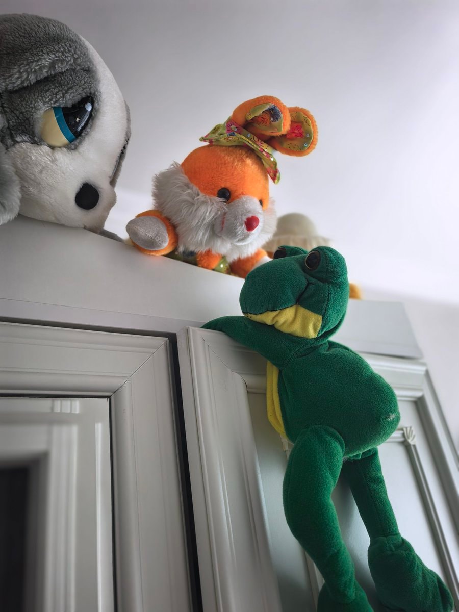 Kermit frog plush toy climbing cabinets