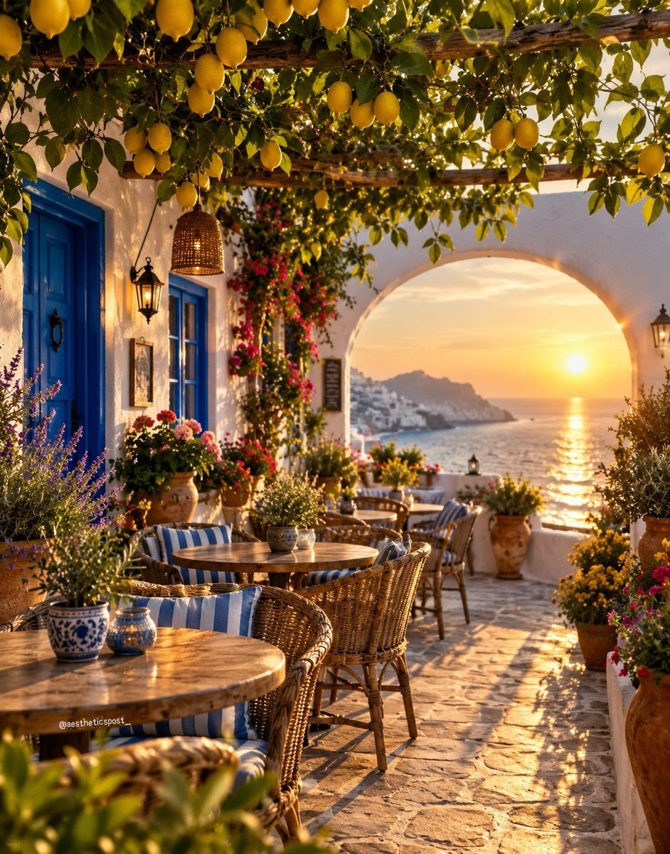 Mediterranean cafe at sunset