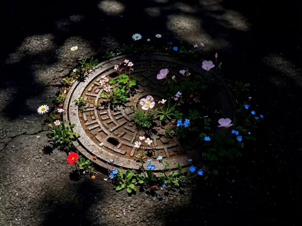 wildflowers on manhole cover
