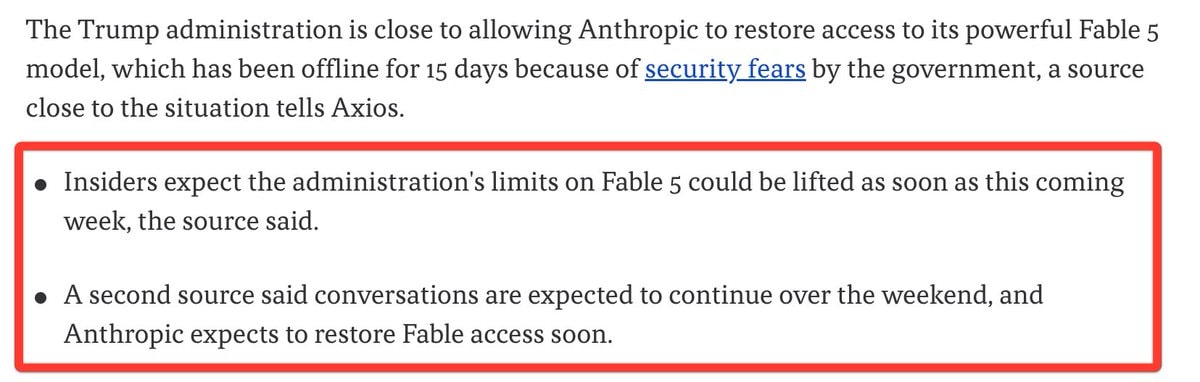 Trump administration close to restoring Anthropic Fable 5 access