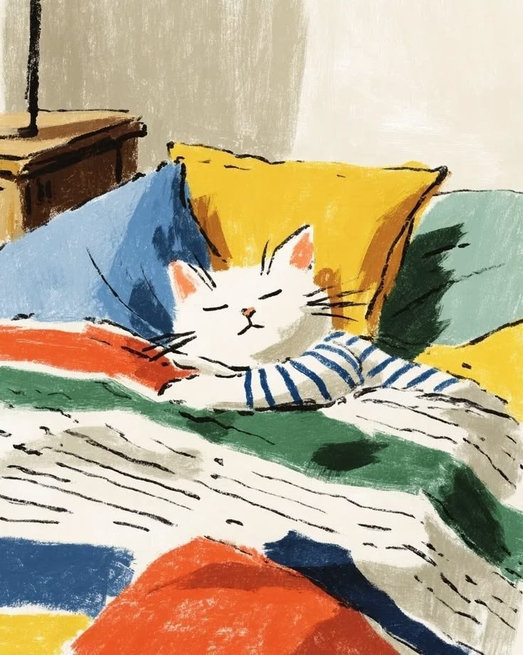 sleeping white cat in striped clothes