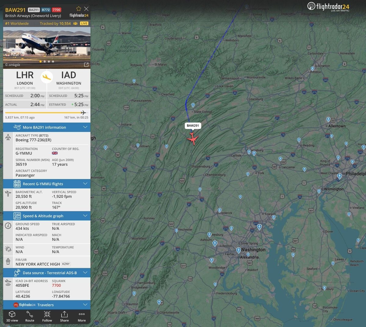 BAW291 London to Washington emergency
