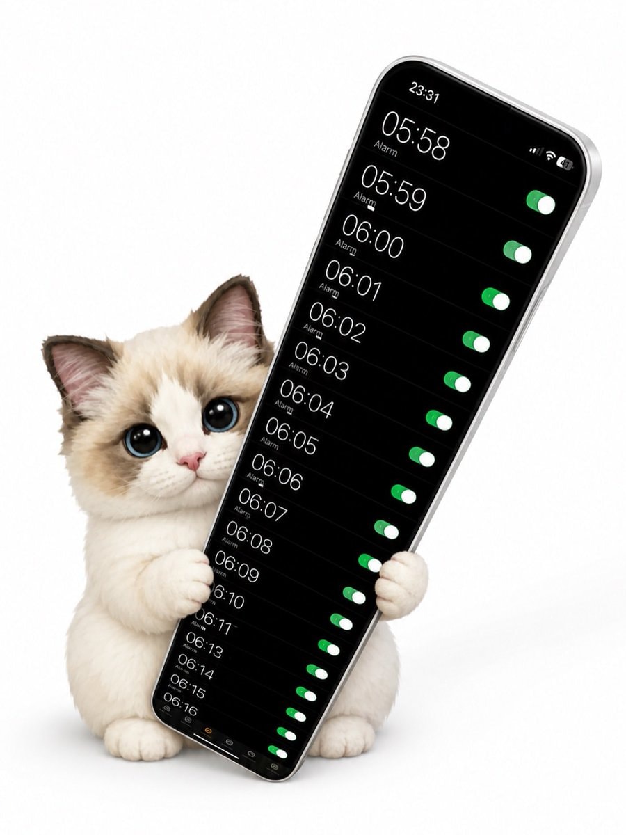 ragdoll kitten holding phone with alarms