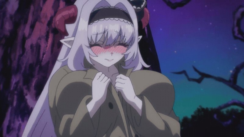 anime character white hair red horns reaction