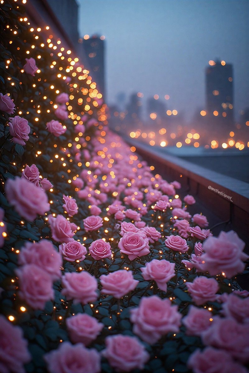 pink roses with fairy lights