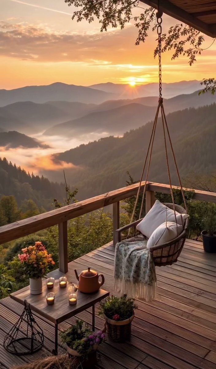 Hanging chair sunrise mountains