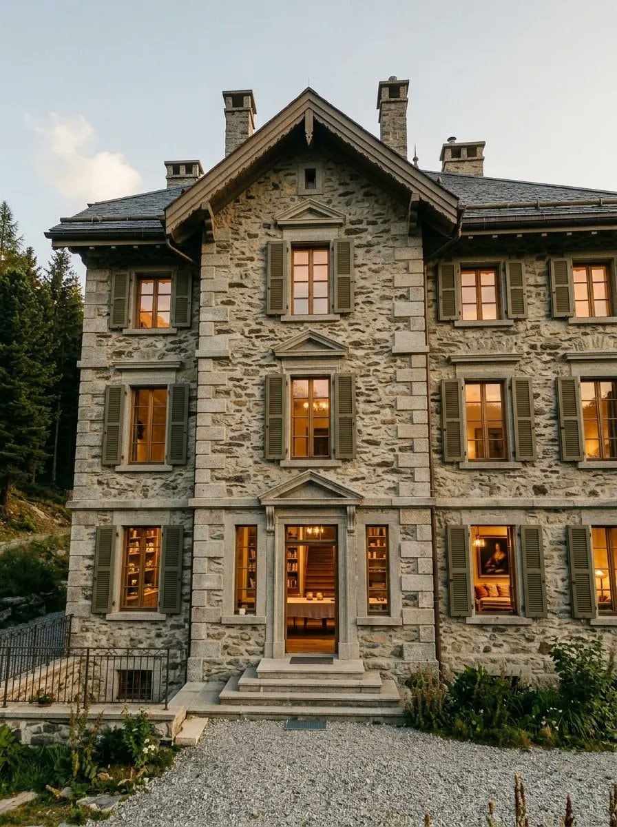 Alpine stone mansion with car gallery