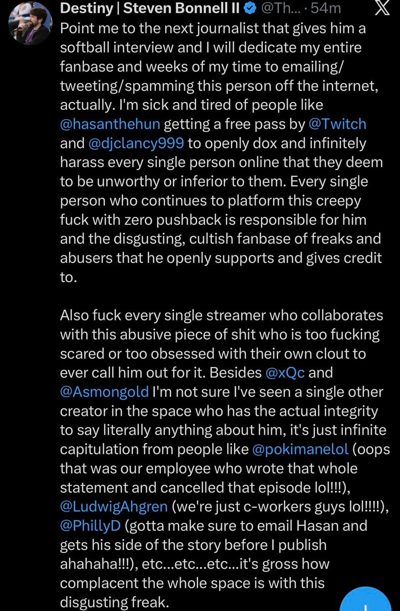 Destiny threatens journalists over Hasan interviews (photo 1 of 2)