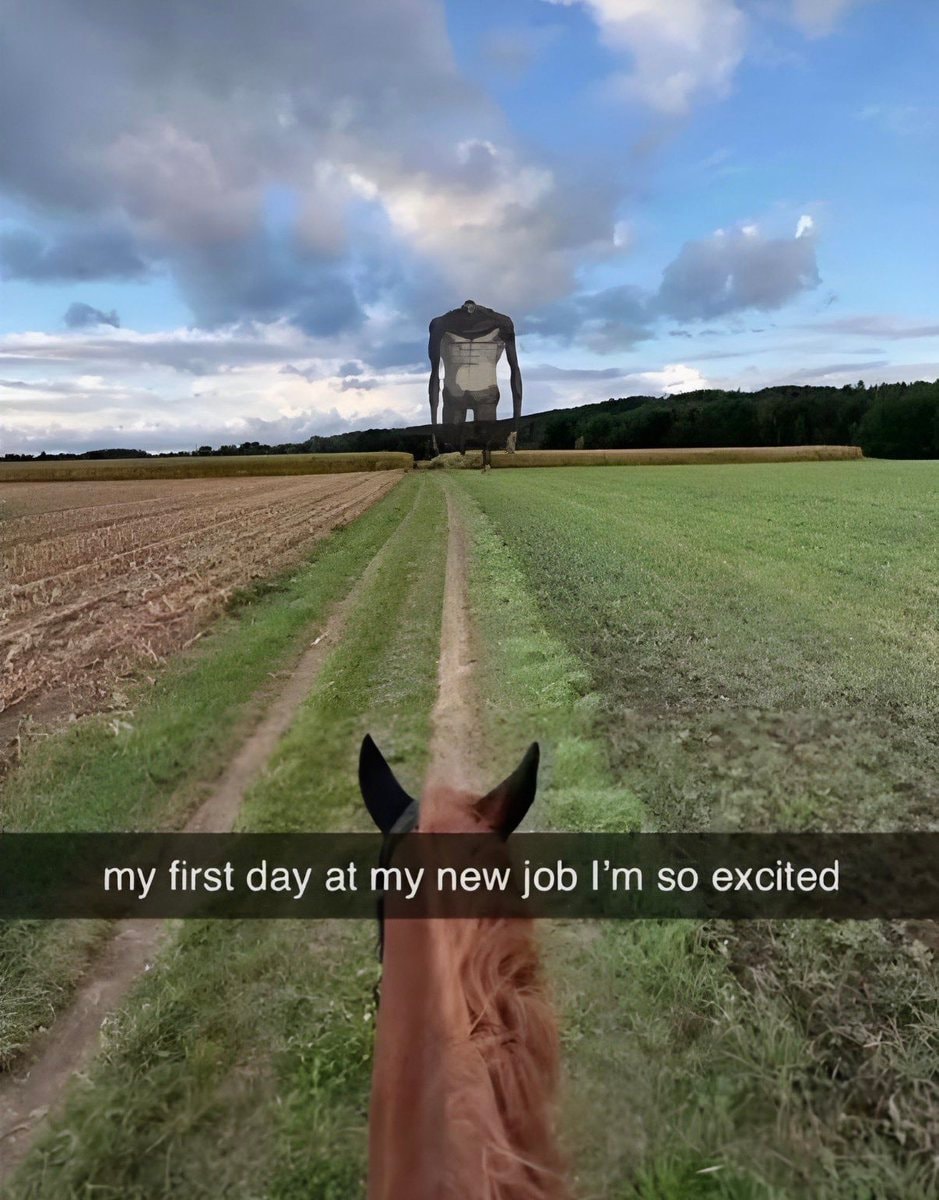 Attack on Titan titan in rural landscape