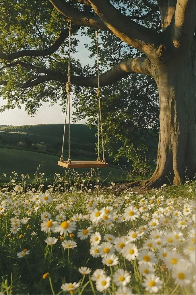 empty wooden swing in daisy field (photo 1 of 4) empty wooden swing in daisy field (photo 1 of 4)