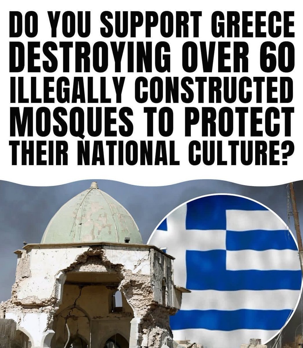 destroyed building with Greek flag