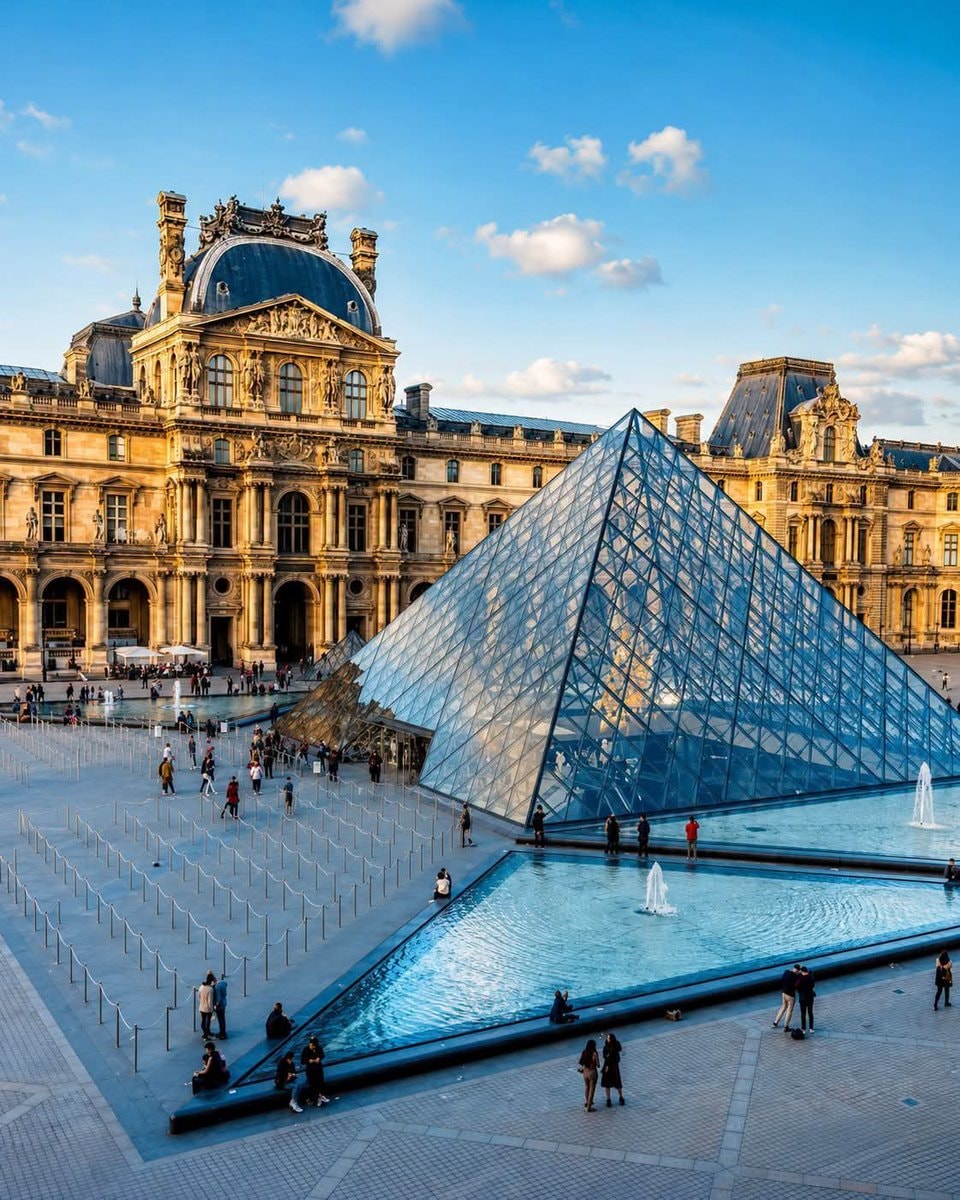 Louvre Museum Paris pyramid golden hour Louvre Museum Paris pyramid golden hour