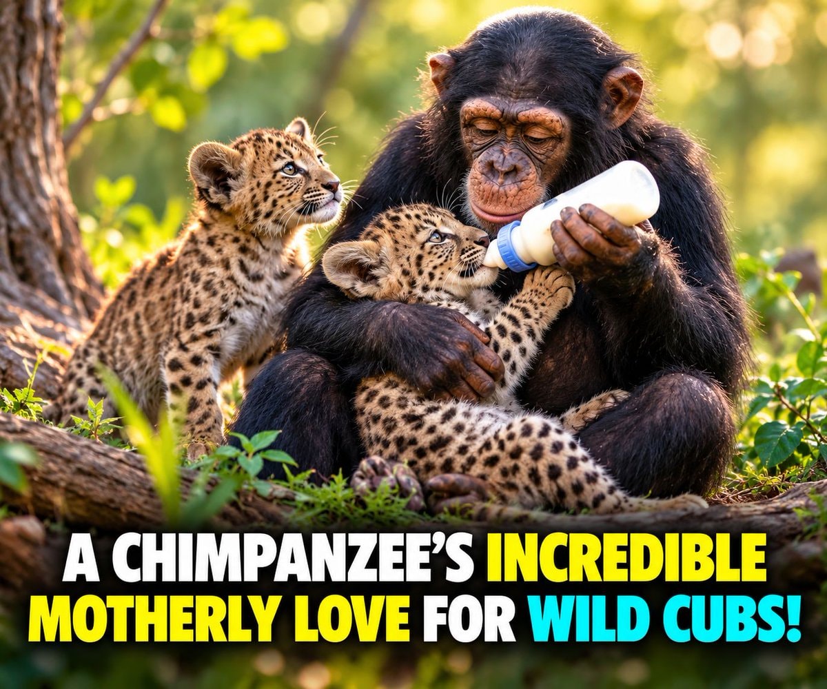 Chimpanzee bottle-feeding leopard cubs Chimpanzee bottle-feeding leopard cubs