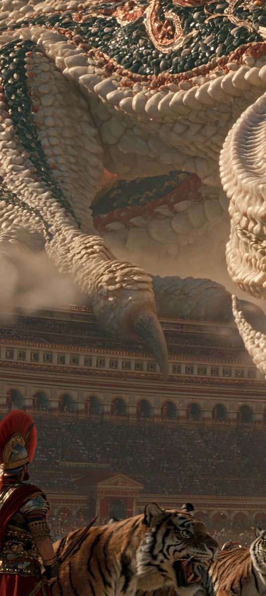 colossal scaly creature in roman arena